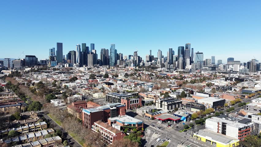 Stunning aerial view of Melbourne, Australia, showing the cityscape and residential suburbs