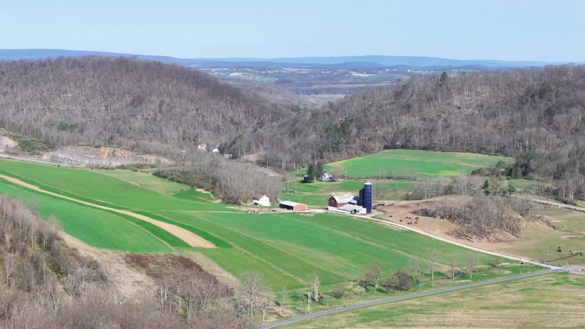 Pennsylvania Corn Fields and Dairy Farm in Valley Aerial View