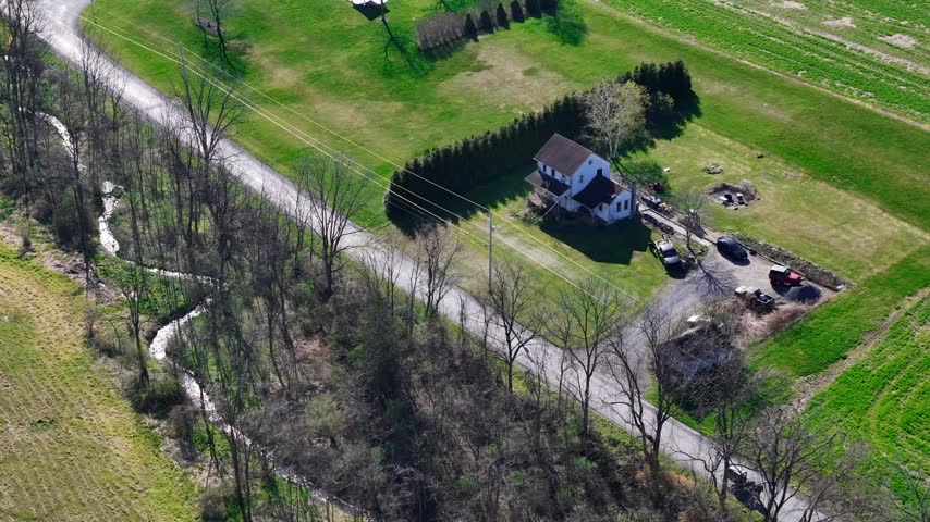 Pennsylvania Rural Home and Creek From Aerial View