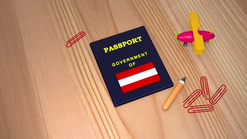 Austria Rejected visa application with red stamp in passport, travel document with denial mark on wooden desk, immigration and border control concept