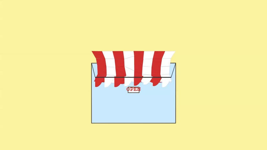 Red and white striped awning closing over a blue shop front signage