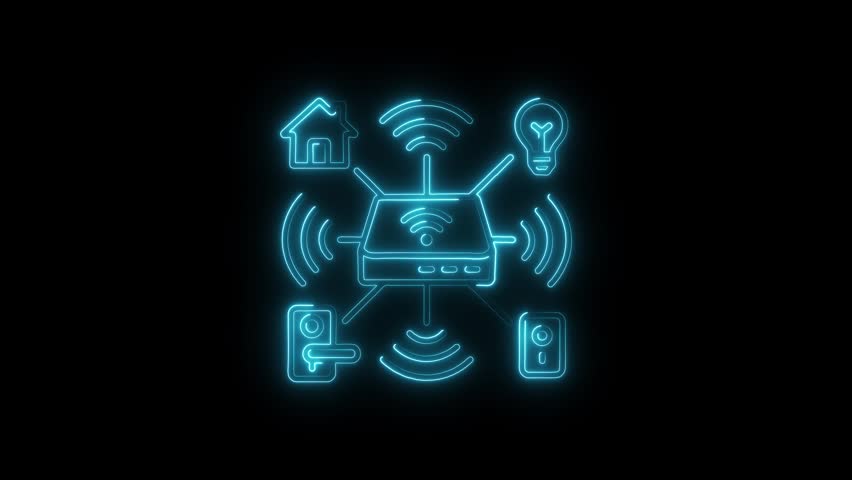 Glowing blue neon smart home hub icon with connected iot devices like light bulb door lock and wifi router on black background