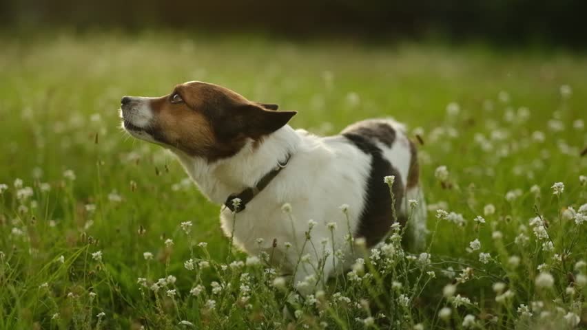 Cute small dog looking up while standing in green grass field outdoors