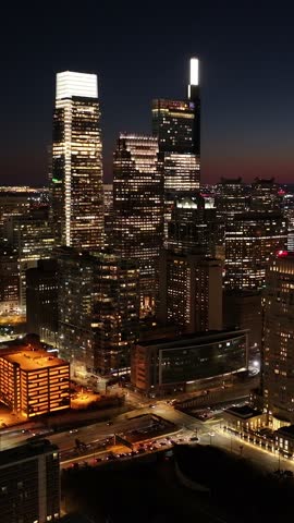 Night View Of Philadelphia Skyline At Philadelphia In Pennsylvania United States. Illuminated Downtown. City At Night Scene. Philadelphia At Pennsylvania United States. Philadelphia City District.