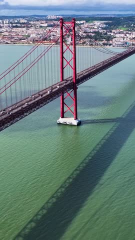 25 Of April Bridge At Lisbon In Lisbon District Portugal. Downtown City Skyline. Transportation Scenery. 25 Of April Bridge At Lisbon In Lisbon District Portugal. Famous Cable Stayed Bridge.