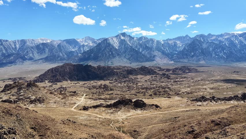 Aerial View of Sierra Nevada Mountains and Alabama Hills High Desert Landscape, California