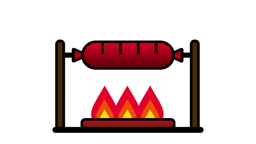 A colorful icon depicting a long sausage roasting on a spit or rotisserie skewer directly over an open campfire flame outdoors enjoyed at a backyard