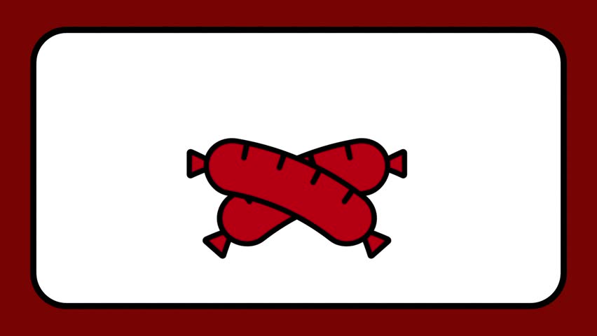 A colorful icon showing two raw sausages crossed over each other displayed on a dark background often used as a food symbol seen on butcher labels