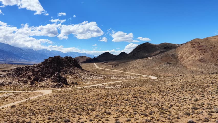 Alabama Hills and Sierra Nevada Mountain Range, California, USA, drone footage