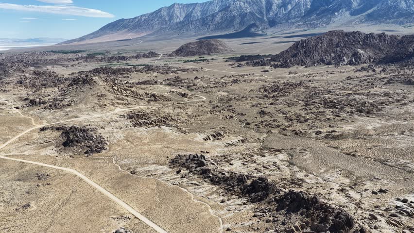 Alabama Hills and Sierra Nevada Mountain Range, California, USA, drone footage