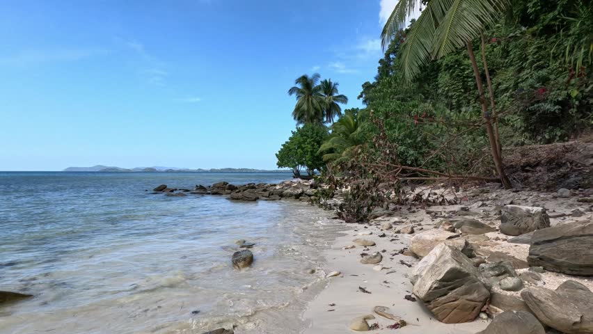 Wide shot of an empty, neglected beach on a Philippine island at midday, featuring rocky breakwaters, a fallen dry tree, and distant islands under a clear blue sky.
