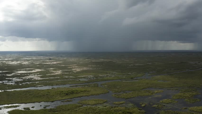 Vast wetland with water channels under cloudy sky with rain bands.