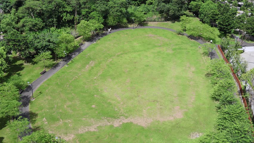 Aerial view of a green park lawn and walking path in bright daylight, 4K b-roll