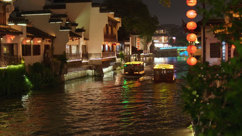 Boats in the canal of old city of Nanjing, China
