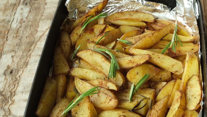Sliced baked potatoes with rosemary. 