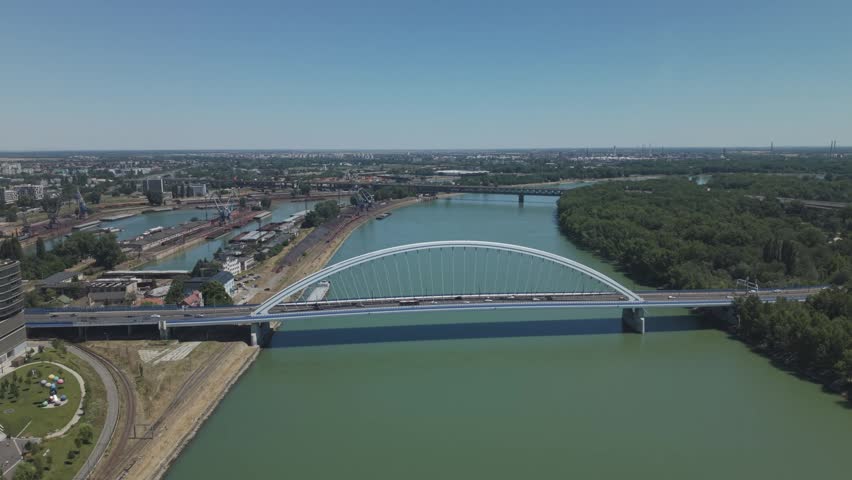 Aerial View of Apollo Bridge Over Danube River in Bratislava