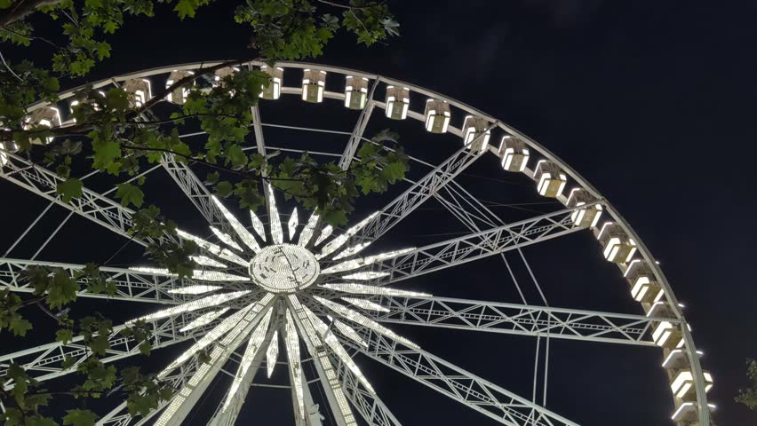 Vertical real time video of the Budapest Ferris Wheel illuminated at night from a closer perspective. The Ferris Wheel rotates slowly while tree leaves in the foreground partially frame and obscure the structure, creating depth. Bright LED lights stand out against the dark night sky, showcasing one of Budapest