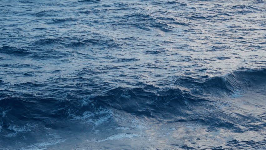 Deep blue ocean waves roll and ripple across the vast open sea surface. Whitecaps form as swells crest and break in the endless expanse of churning saltwater under natural daylight.