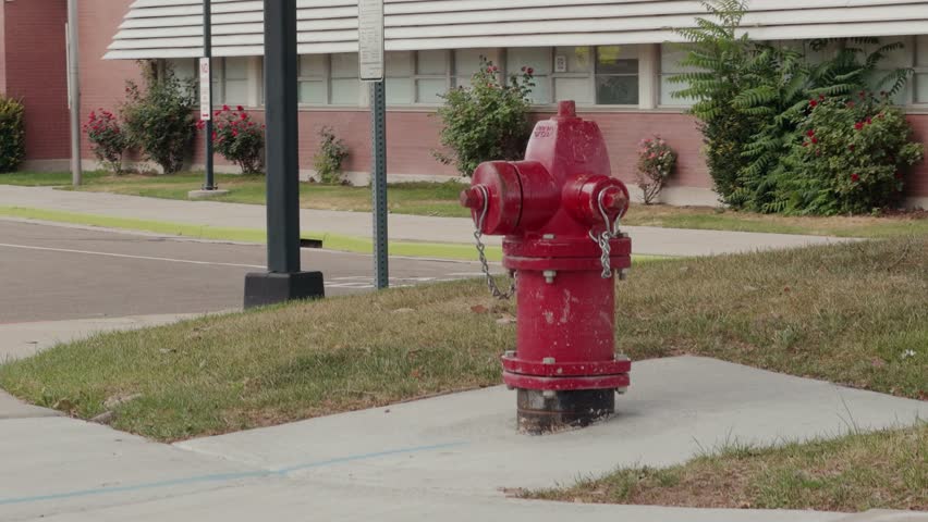 Still view of a red fire hydrant on a concrete pad beside a sidewalk.