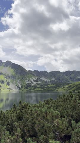 A tranquil alpine lake mirrors the vast sky and rugged peaks, surrounded by lush vegetation and dense pine trees in a breathtaking natural landscape