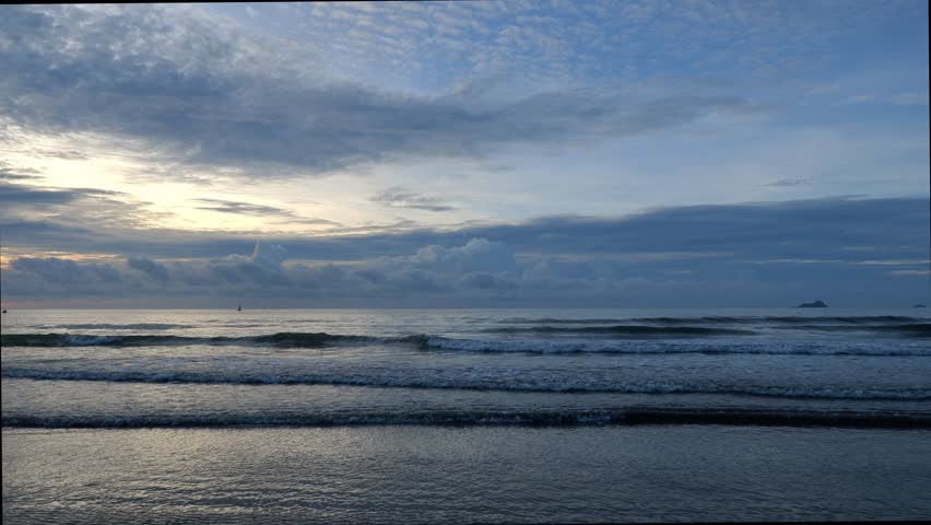 Dramatic Blue Sky with Clouds Over Wide Ocean Horizon and Beach	