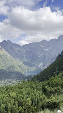 Panoramic view of a serene alpine lake nestled between towering, rugged mountains and dense evergreen forests under a dynamic sky