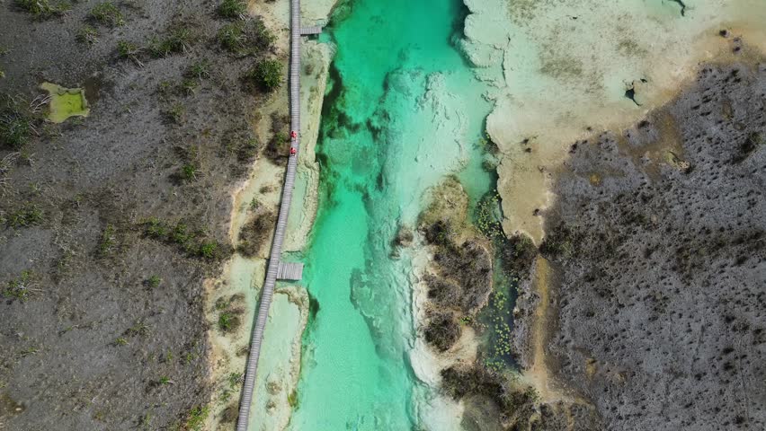 Aerial view of the shallow rapids and stromatolites at Los Rapidos, Bacalar, Mexico