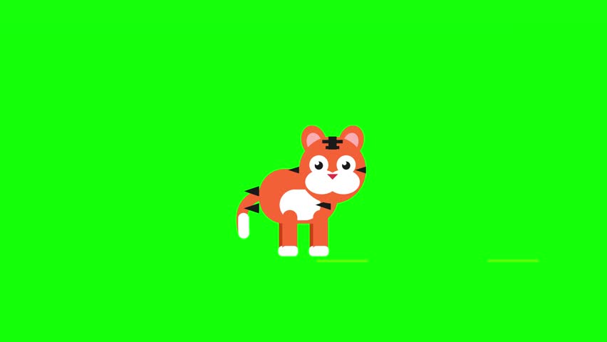 A charming 2D animation of a baby tiger cub with orange and black stripes, white belly, and big eyes, walking playfully on a vibrant green screen.