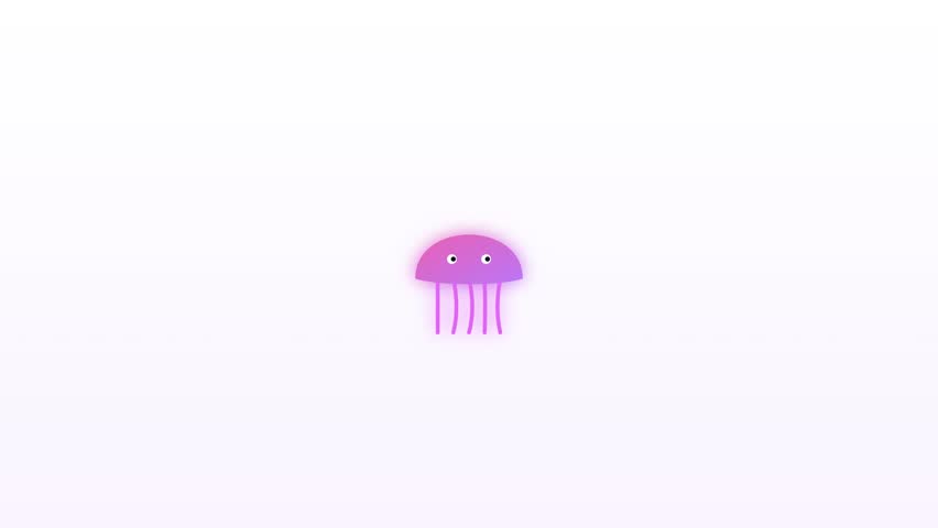 Animated cute pink jellyfish floating and swimming on white background. A minimalist 2D animation of a vibrant pink jellyfish with large eyes gently bobbing and swimming. Set against a clean white backdrop. Ideal for educational children