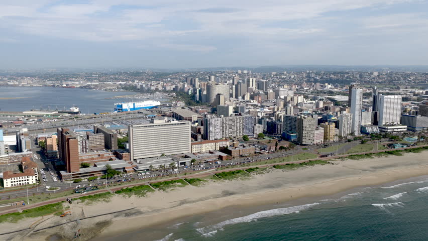 Drone view of Durban city centre and beachfront