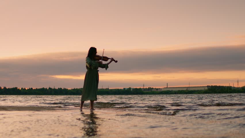 Silhouette of a lone violinist playing music while standing in shallow water at tranquil sunset, gentle waves and pastel sky creating a peaceful coastal horizon