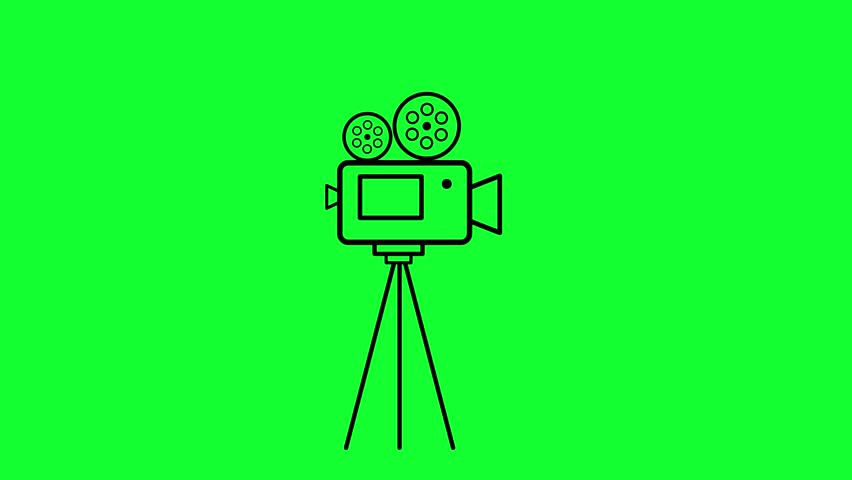 Animated vintage movie camera on tripod loop on green screen and white background for film production, cinema, Hollywood, and video editing asset.