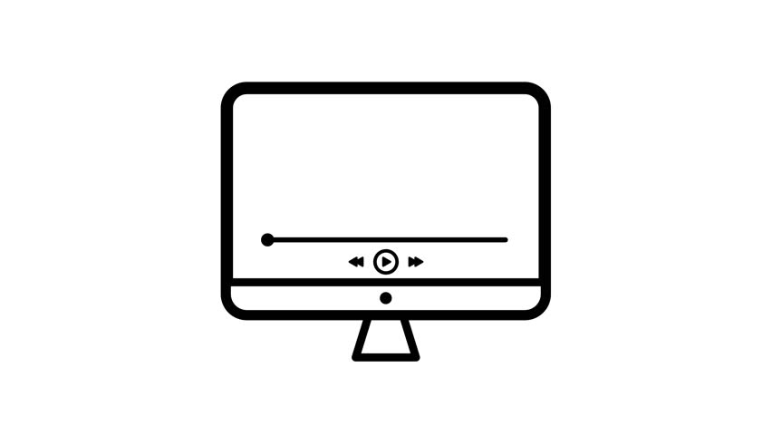 Animated desktop computer screen playing video with progress bar loop on white background for online streaming, video editing, and tech UI asset.