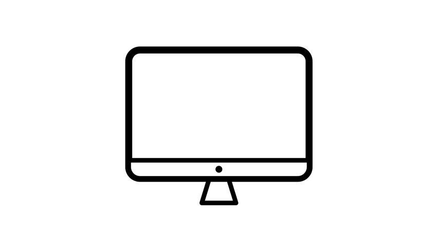 Animated desktop computer monitor playing video with play pause stop icon loop on white background for online streaming, UI, and video editing asset.