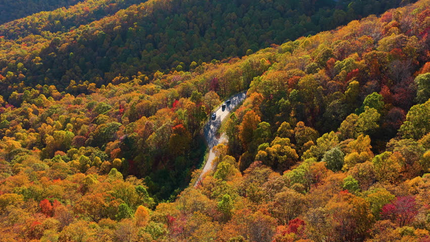 Car resting at scenic overlook above colorful mountain woodland. Panoramic autumn landscape with peaceful surroundings and brilliant seasonal colors.