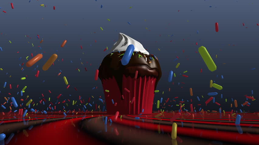 Delicious animated chocolate cupcake with whipped cream rotating under a shower of colorful sprinkles