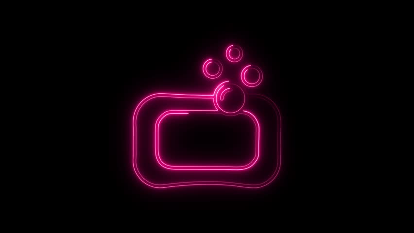 Glowing pink neon soap bar icon with bubbles animated on dark black background