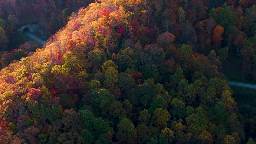 Scenic tunnel on mountain highway in Tennessee Appalachian region at sunset. Autumn forest glows with red, orange and golden leaves around Blue Ridge Parkway.