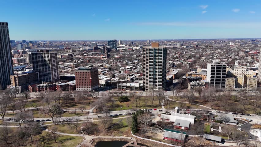 Left to Right Zoo and downtown Chicago Grant Park Aerial Illinois in Spring Time Lake Michigan