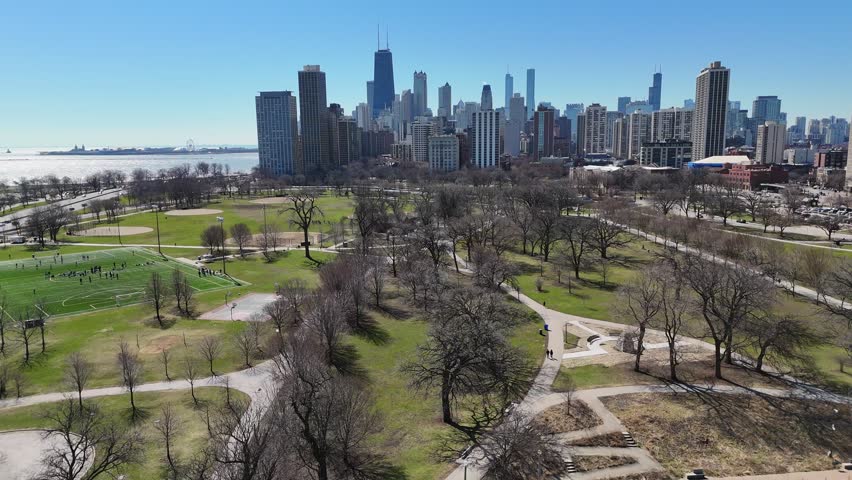 Rising Chicago Grant Park Aerial Illinois in Spring Time Lake Michigan