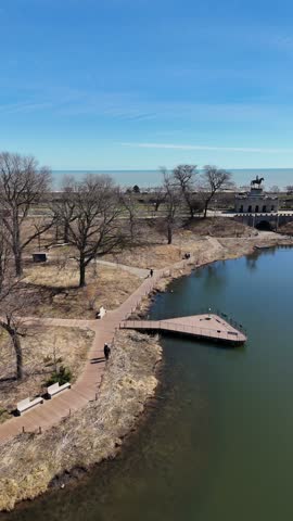 Left to Right over Chicago Grant Park Aerial Illinois in Spring Time Lake Michigan