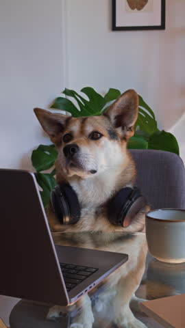 Dog Wearing Headphones Working Like Remote Employee

Adorable office pet sitting at a desk with laptop and headphones. Humorous concept for online meetings, freelancers and work from home.