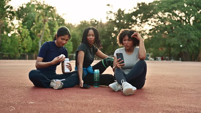 Group of multiethnic young women talking and using smartphones while sitting on a sports field