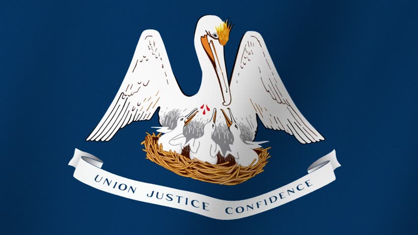 Louisiana State Flag With Pelican Feeding Chicks In Nest And Motto Union Justice Confidence