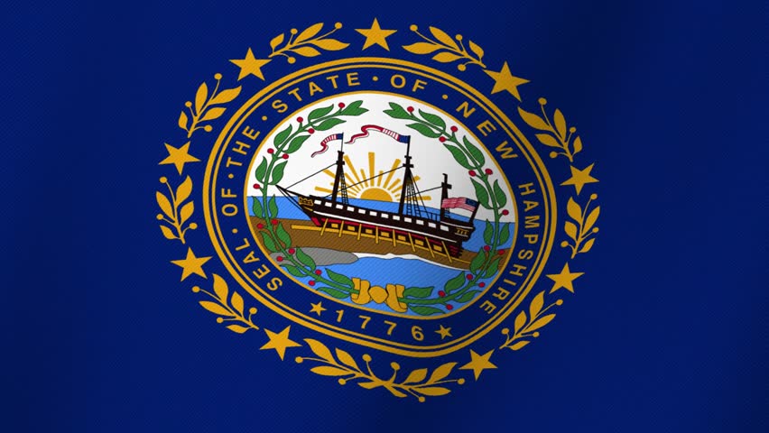 New Hampshire State Flag Emblem with Ship and Sunburst on Blue Fabric Background