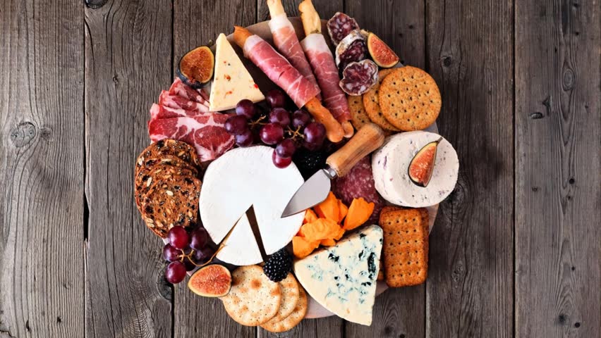 Charcuterie board of a selection of meats, cheeses and appetizers. Overhead view on a dark wood background. Slow rotating zoom motion.
