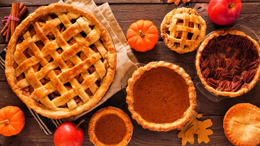 Homemade autumn pies. Apple, pumpkin and pecan. Top view table scene on a rustic wood background. Slow rotating zoom motion.