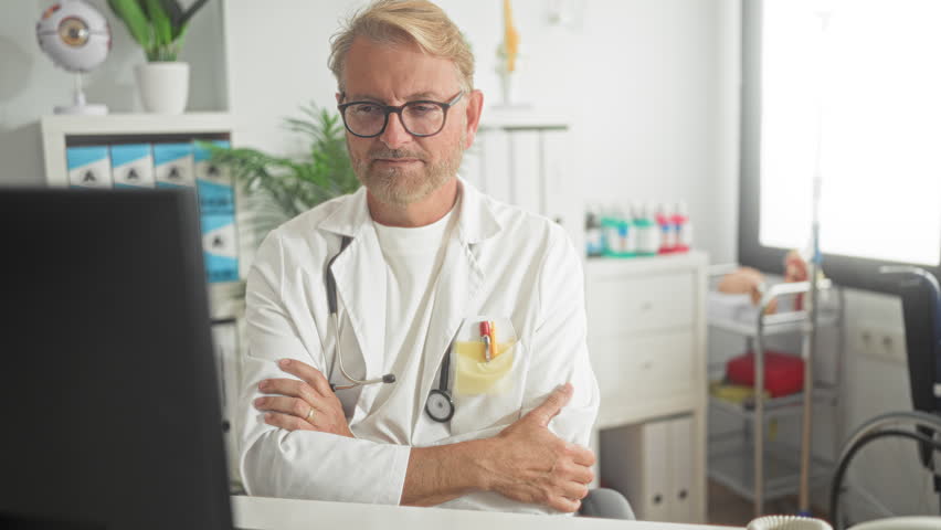 Man doctor with stethoscope at computer smiling with arms crossed in clinic office building, wearing white coat, glasses and pens in pocket; trust care.