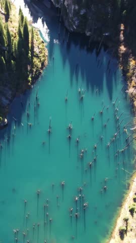Top-down view of turquoise Kaindy lake and conifer canyon forest, Kazakhstan
