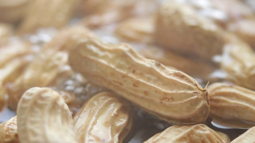 Close-up of boiling whole peanuts in shell in bubbling hot water. 